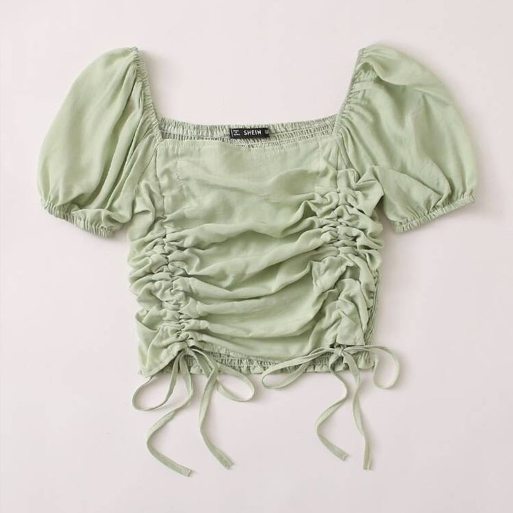 Sage Green Puff Sleeve Ruched Blouse